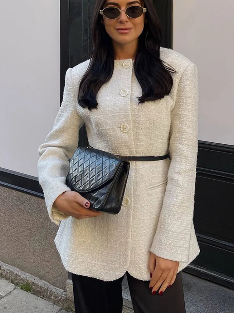 White Round Neck Button Coat