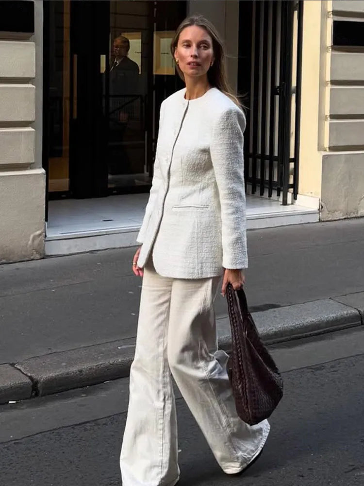White Round Neck Button Coat