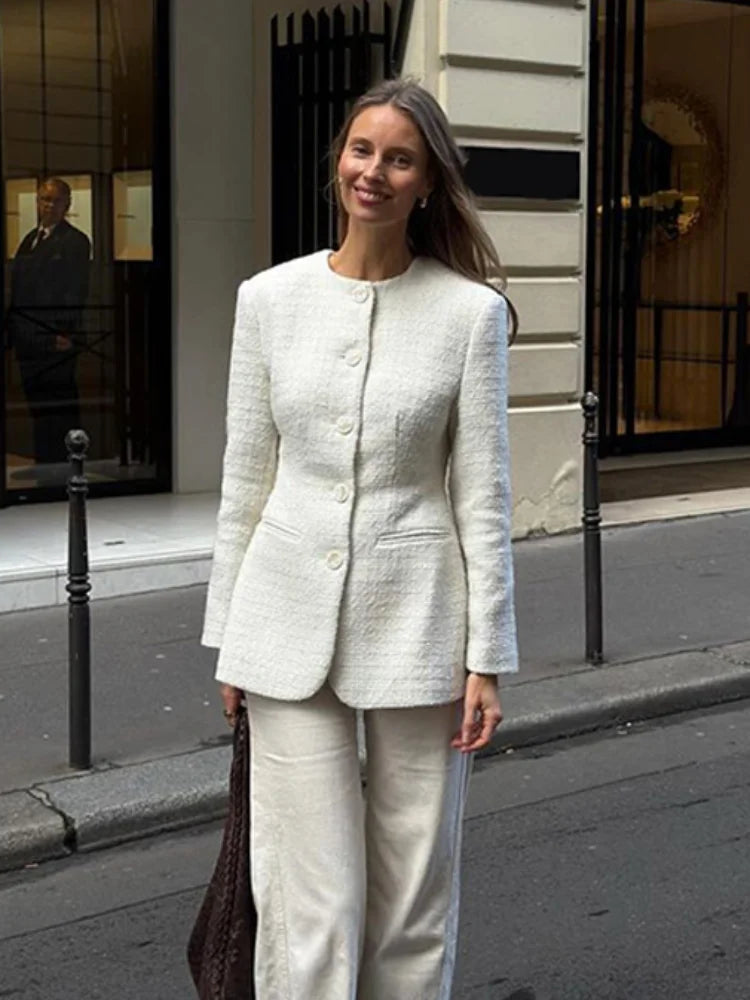White Round Neck Button Coat