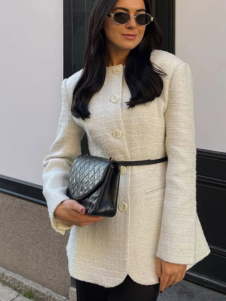 White Round Neck Button Coat