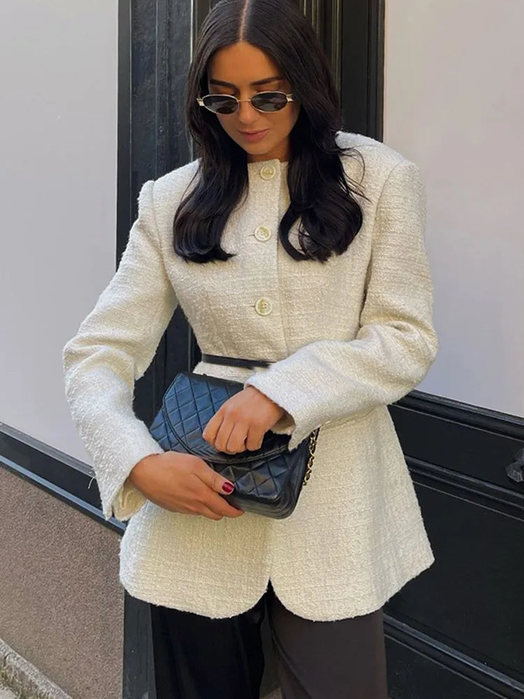 White Round Neck Button Coat