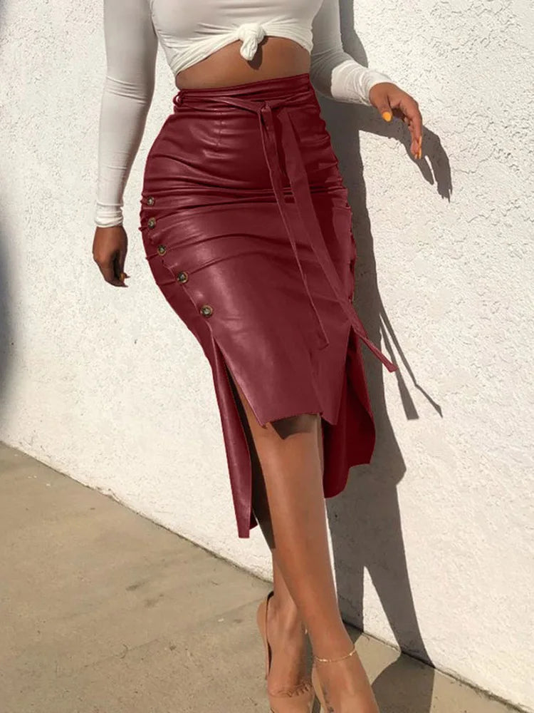 PU Leather Lace-up Side Button Pencil Skirt