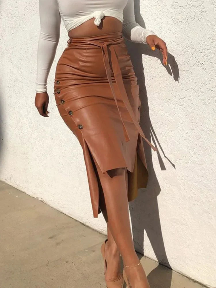 PU Leather Lace-up Side Button Pencil Skirt