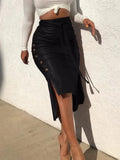 PU Leather Lace-up Side Button Pencil Skirt