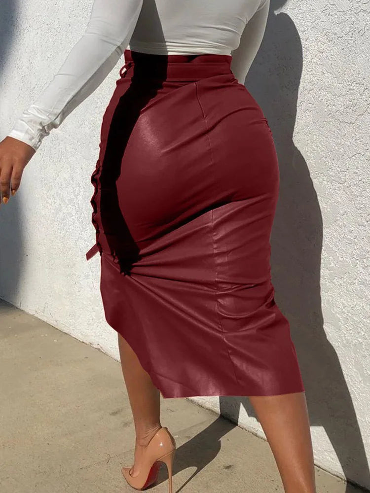 PU Leather Lace-up Side Button Pencil Skirt