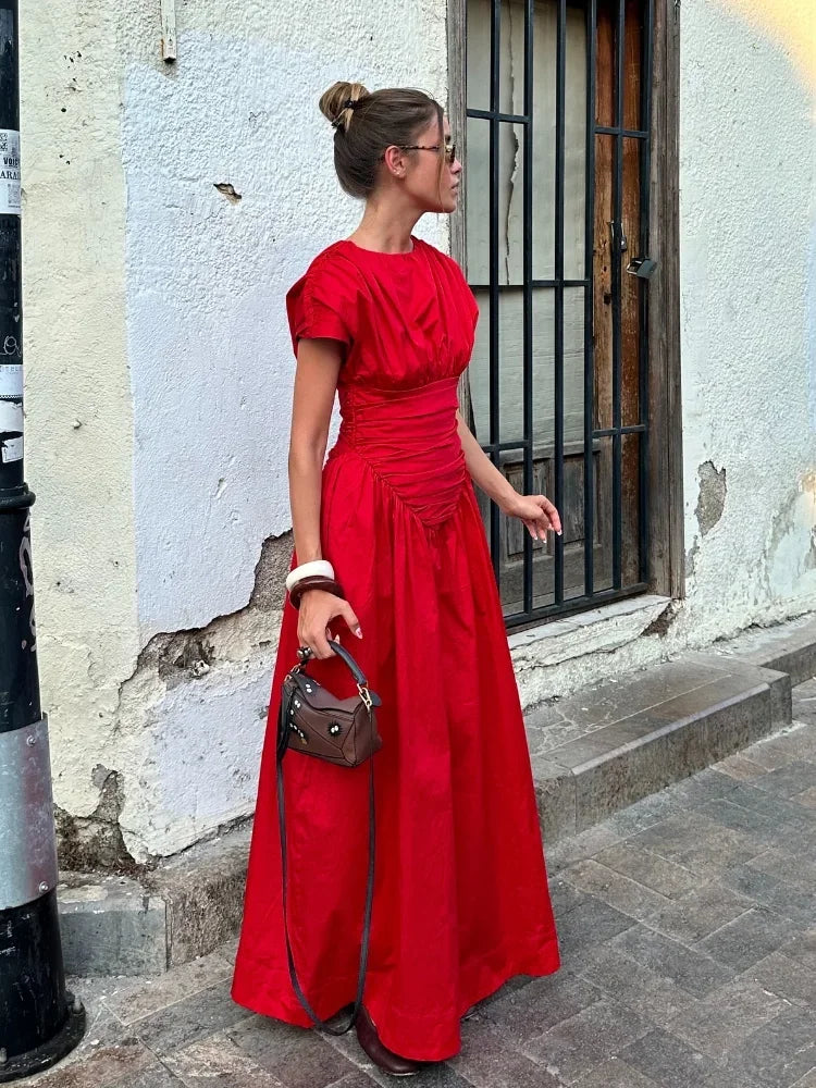 Red Pleated Wrap Waist Maxi Party Dress