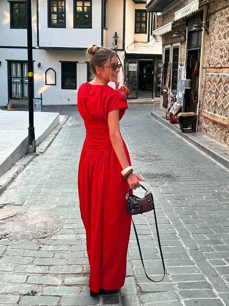 Red Irregular Pleated Wrap Christmas Maxi Dress