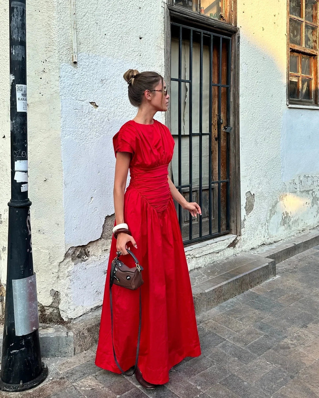 Red Pleated Wrap Waist Maxi Party Dress