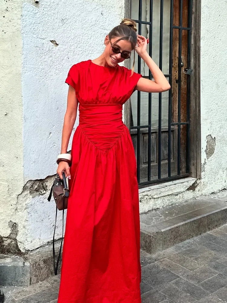 Red Pleated Wrap Waist Maxi Party Dress