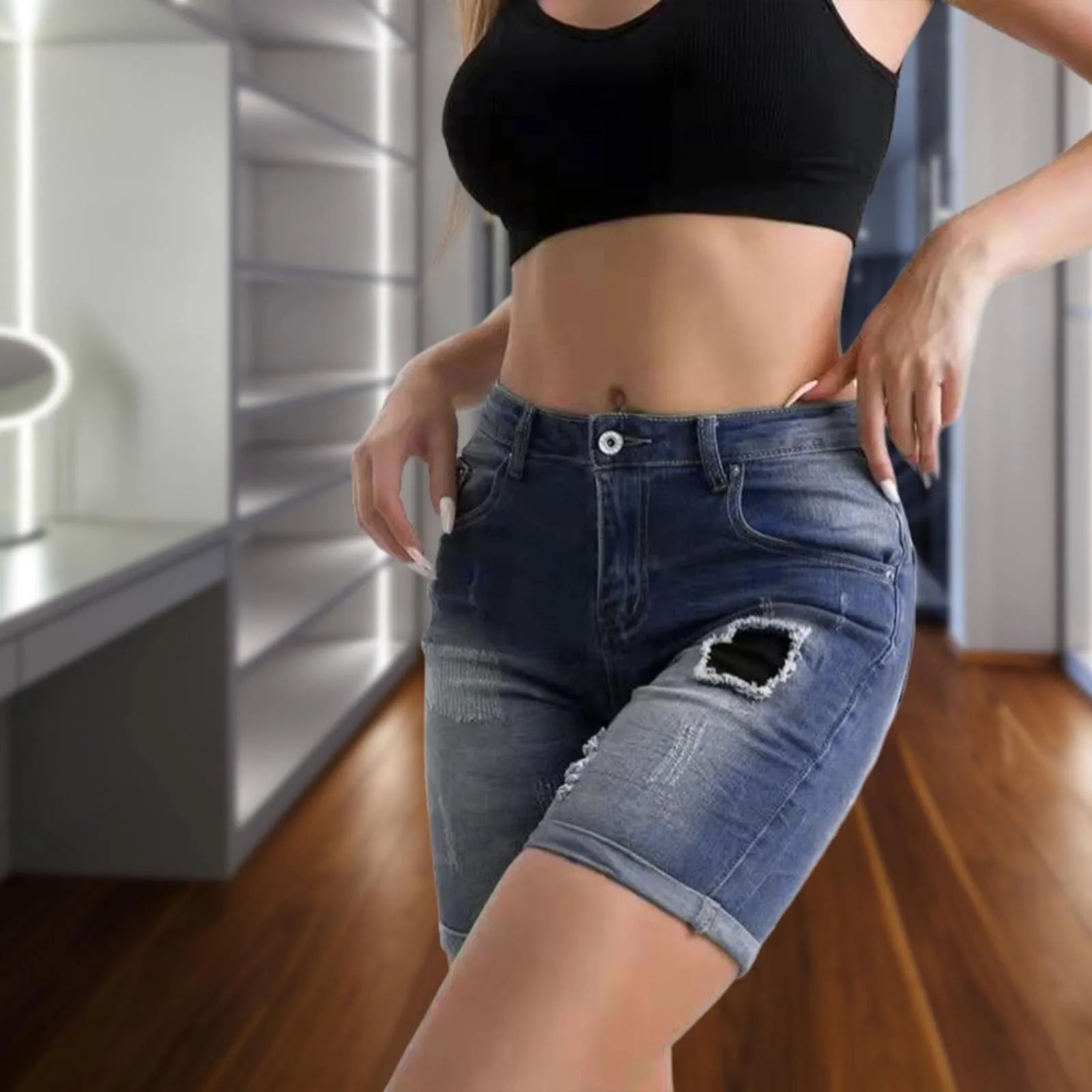 Slim Fit Denim Five Point Stretch Blue Short