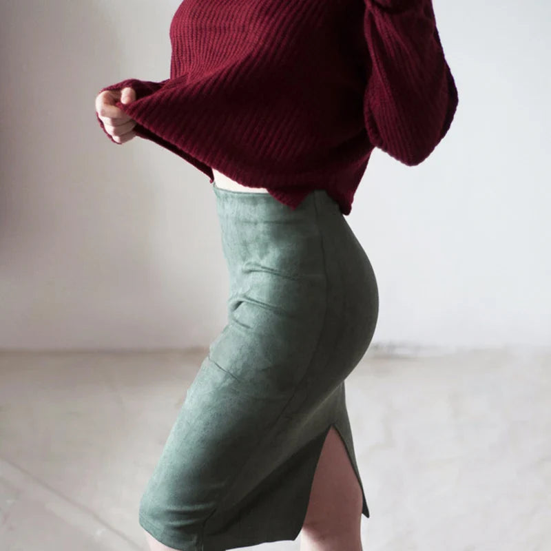 Suede Split Vintage Pencil Chic Skirt