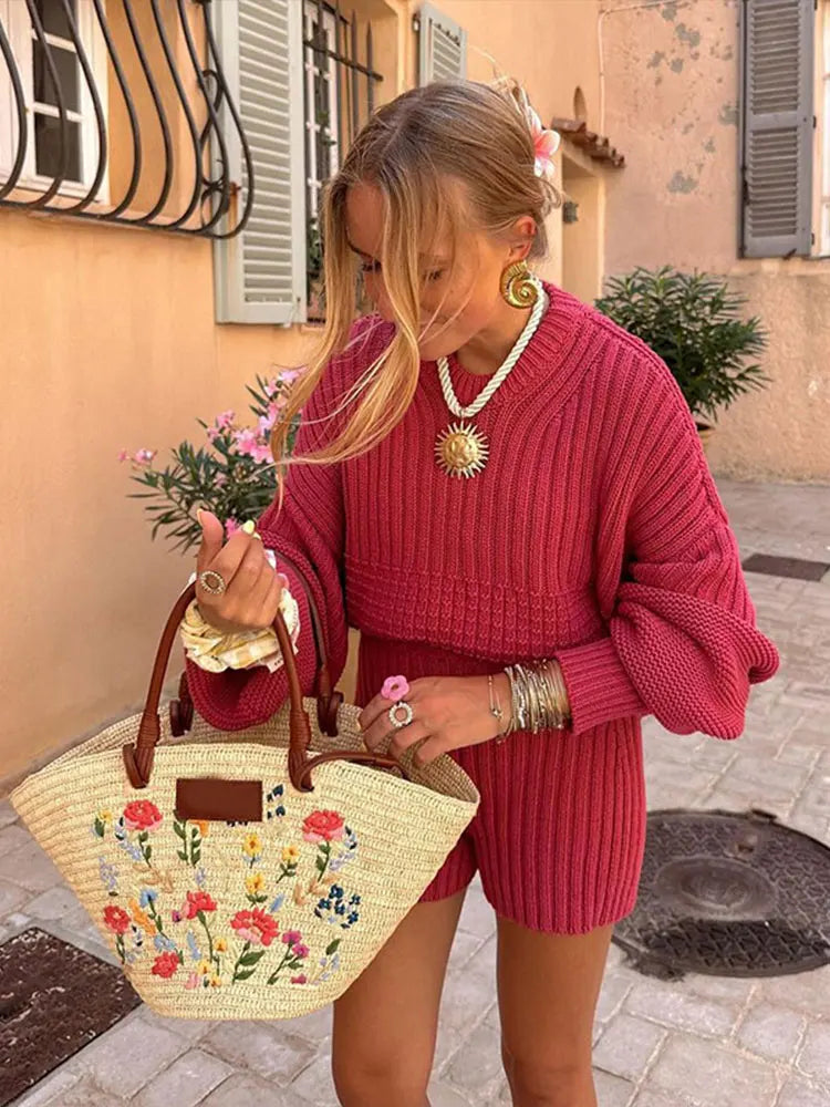 Solid Round Neck Knitted Shorts Suit Mini Dress