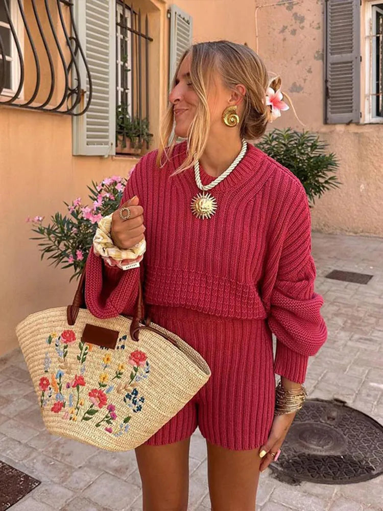 Solid Round Neck Knitted Shorts Suit Mini Dress