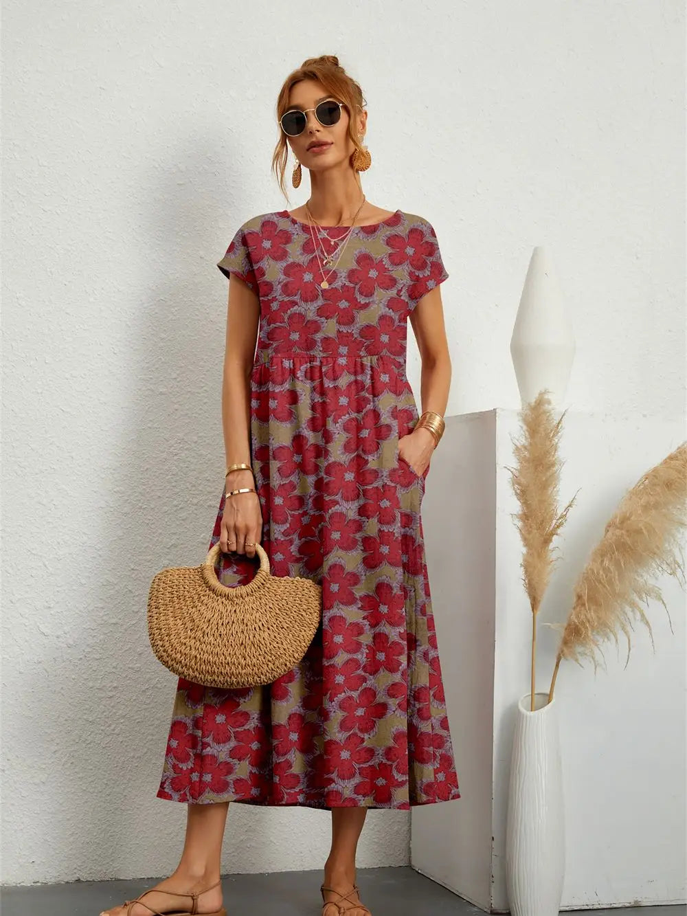 Printed Short Sleeve Pocket Midi Dress