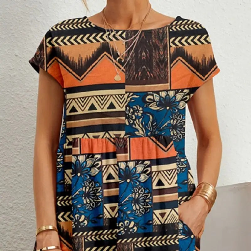 Printed Short Sleeve Pocket Midi Dress
