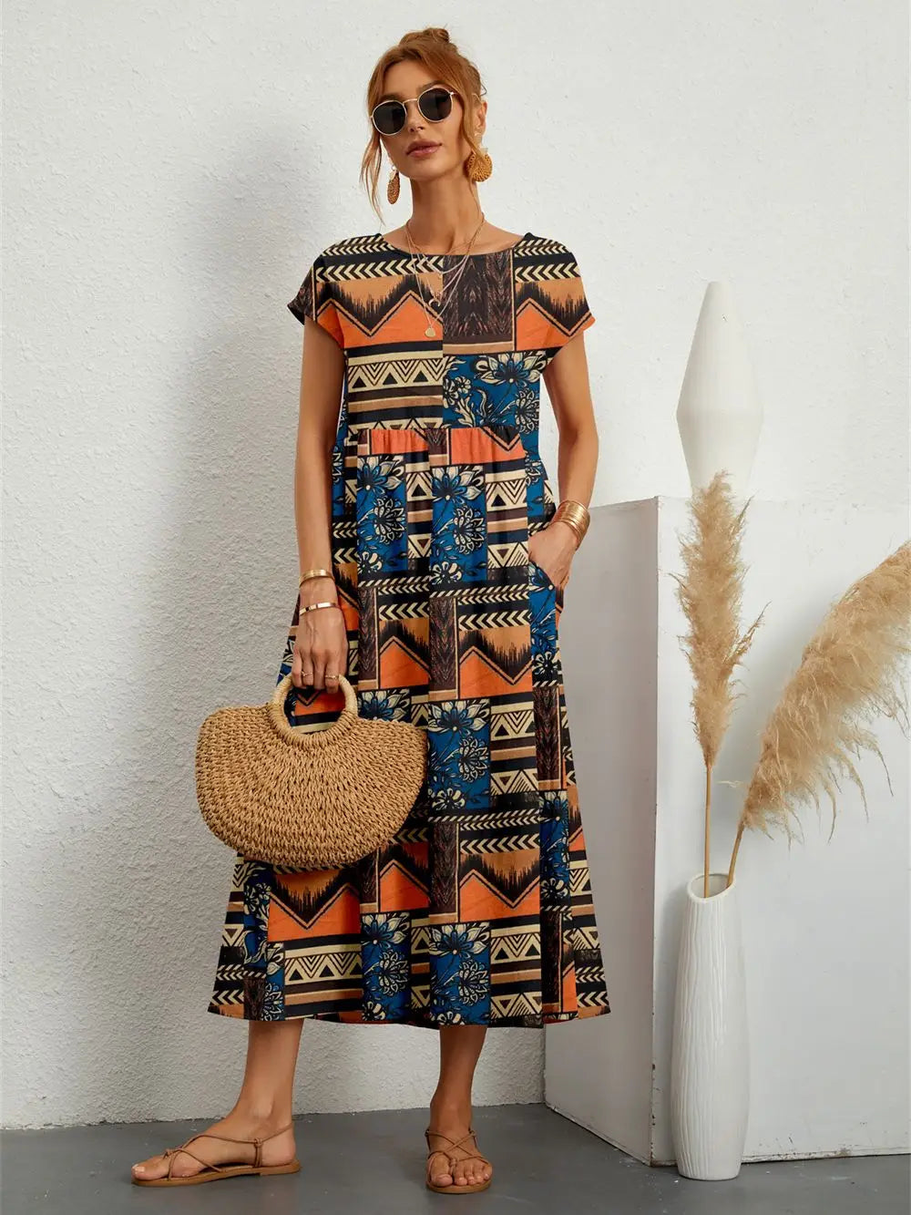 Printed Short Sleeve Pocket Midi Dress