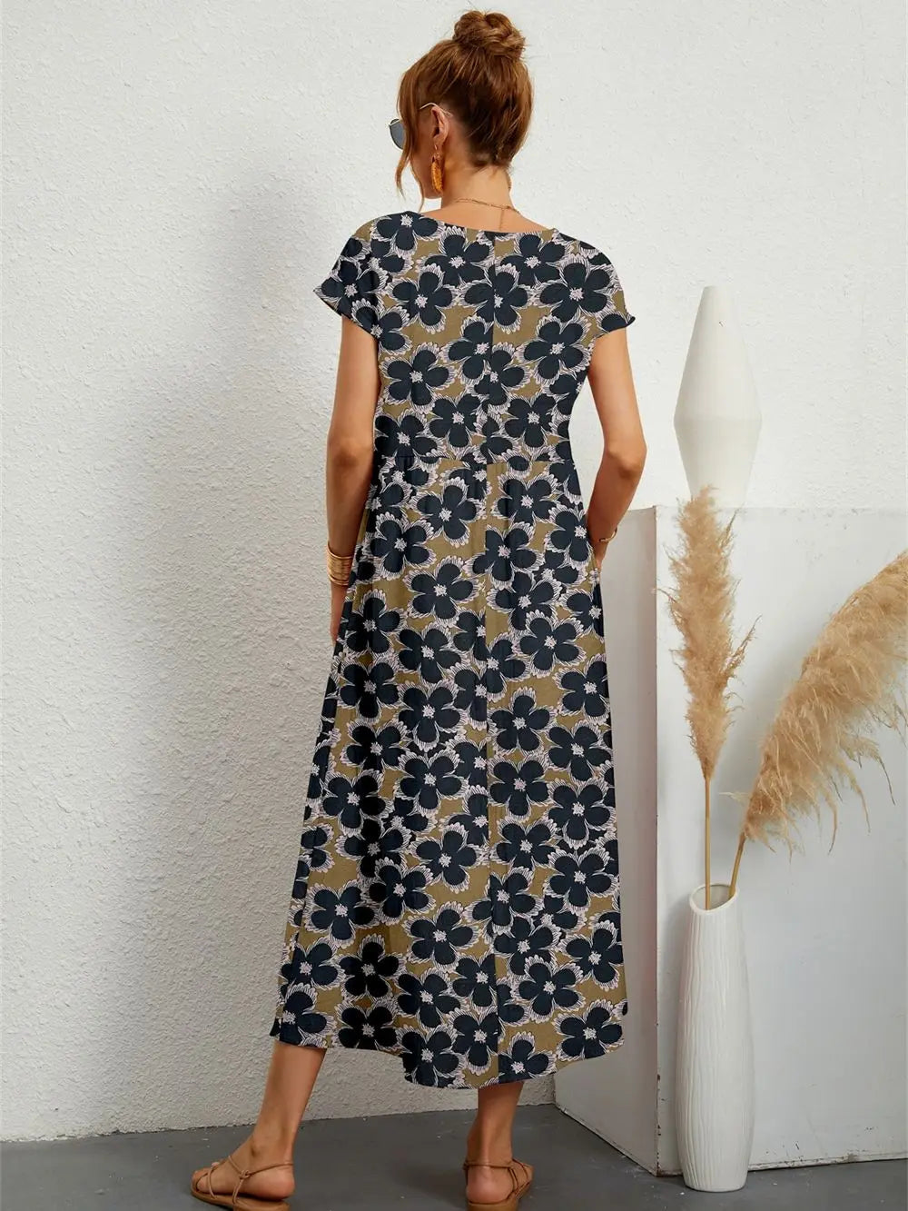 Printed Short Sleeve Pocket Midi Dress
