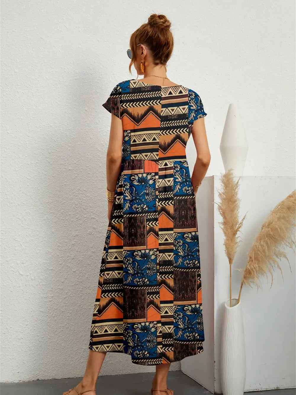 Printed Short Sleeve Pocket Midi Dress