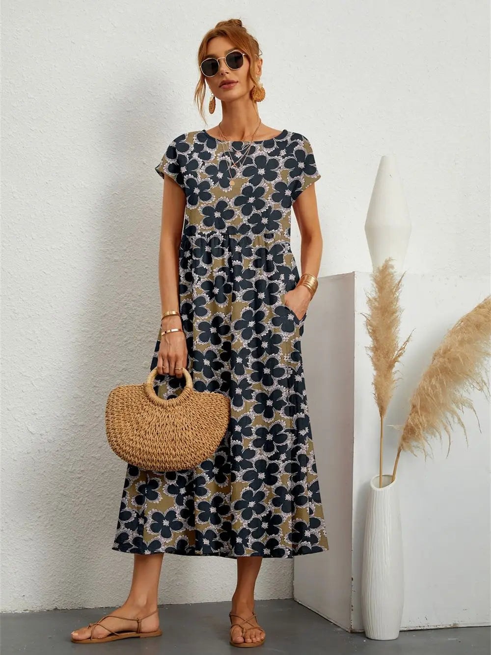 Printed Short Sleeve Pocket Midi Dress