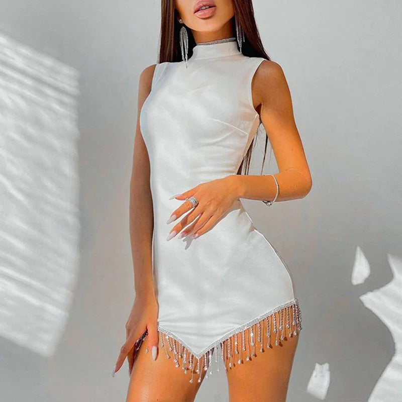 Contrast Color Rhinestone Round Neck Party Mini Dress