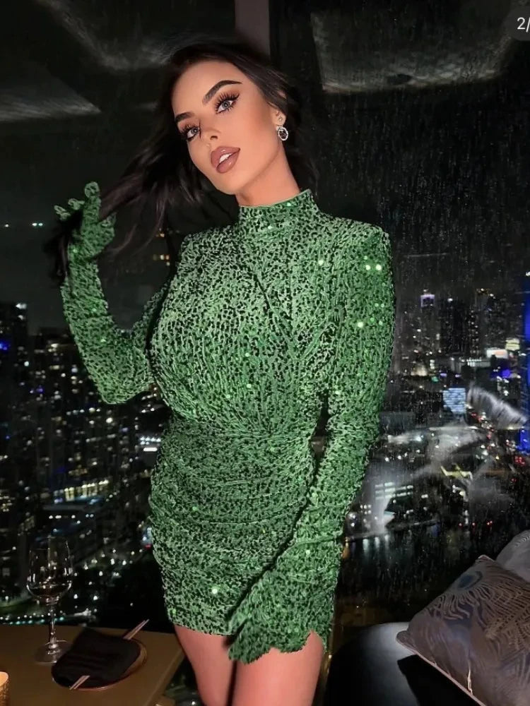 Green Velvet Sequin Bodycon Turtleneck Party Dress
