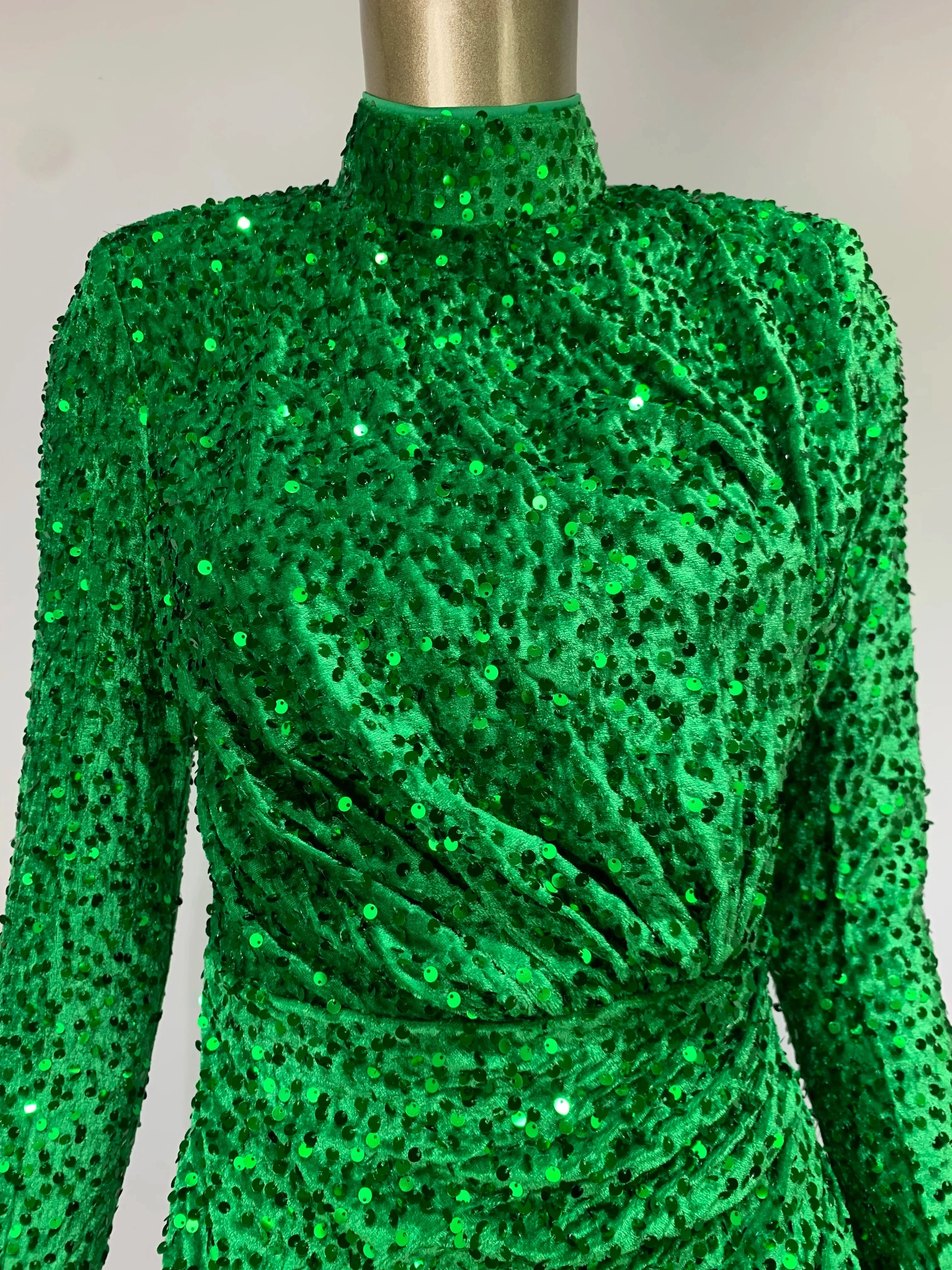 Green Velvet Sequin Turtleneck Party Mini Dress