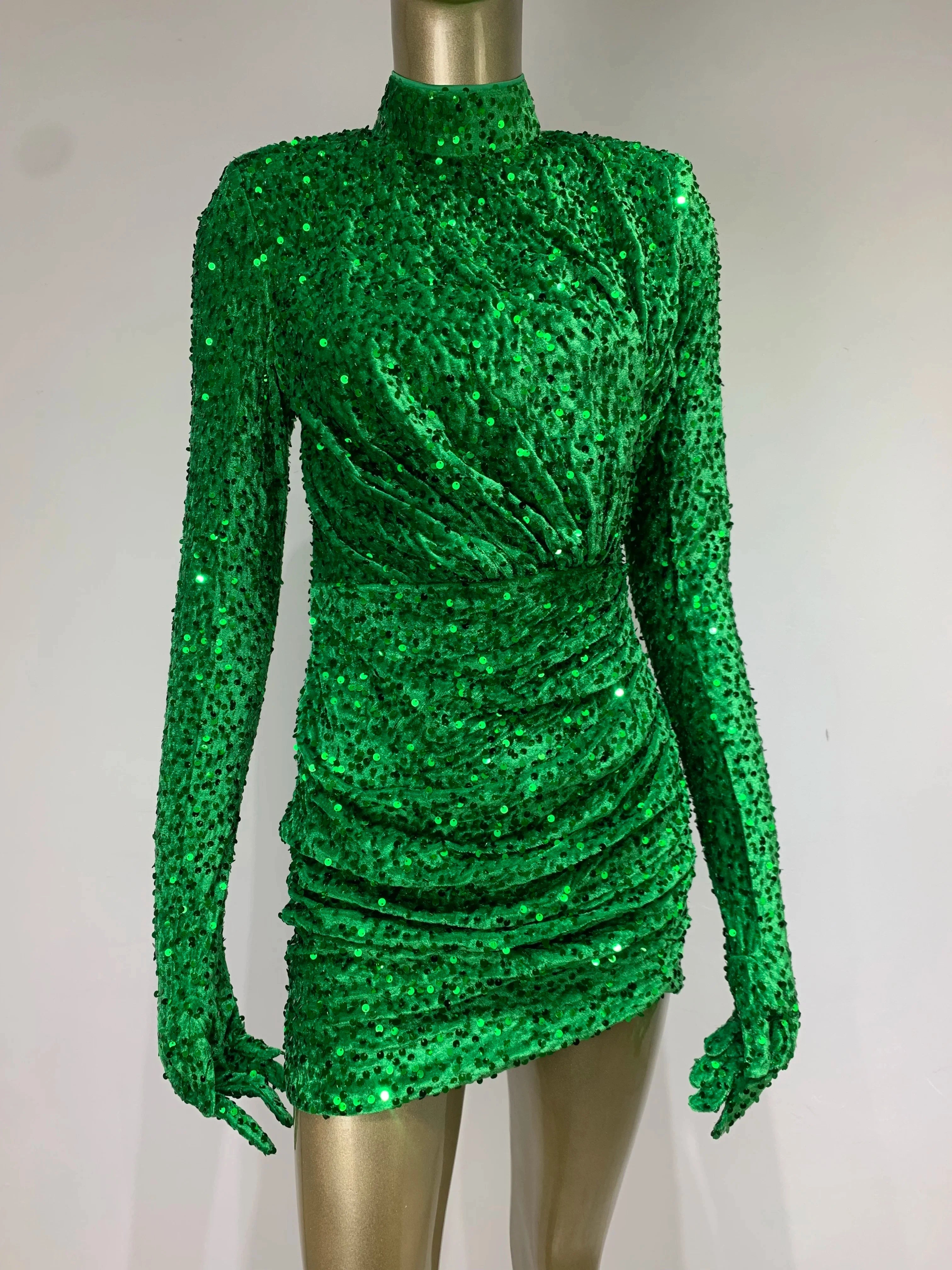 Green Velvet Sequin Turtleneck Party Mini Dress