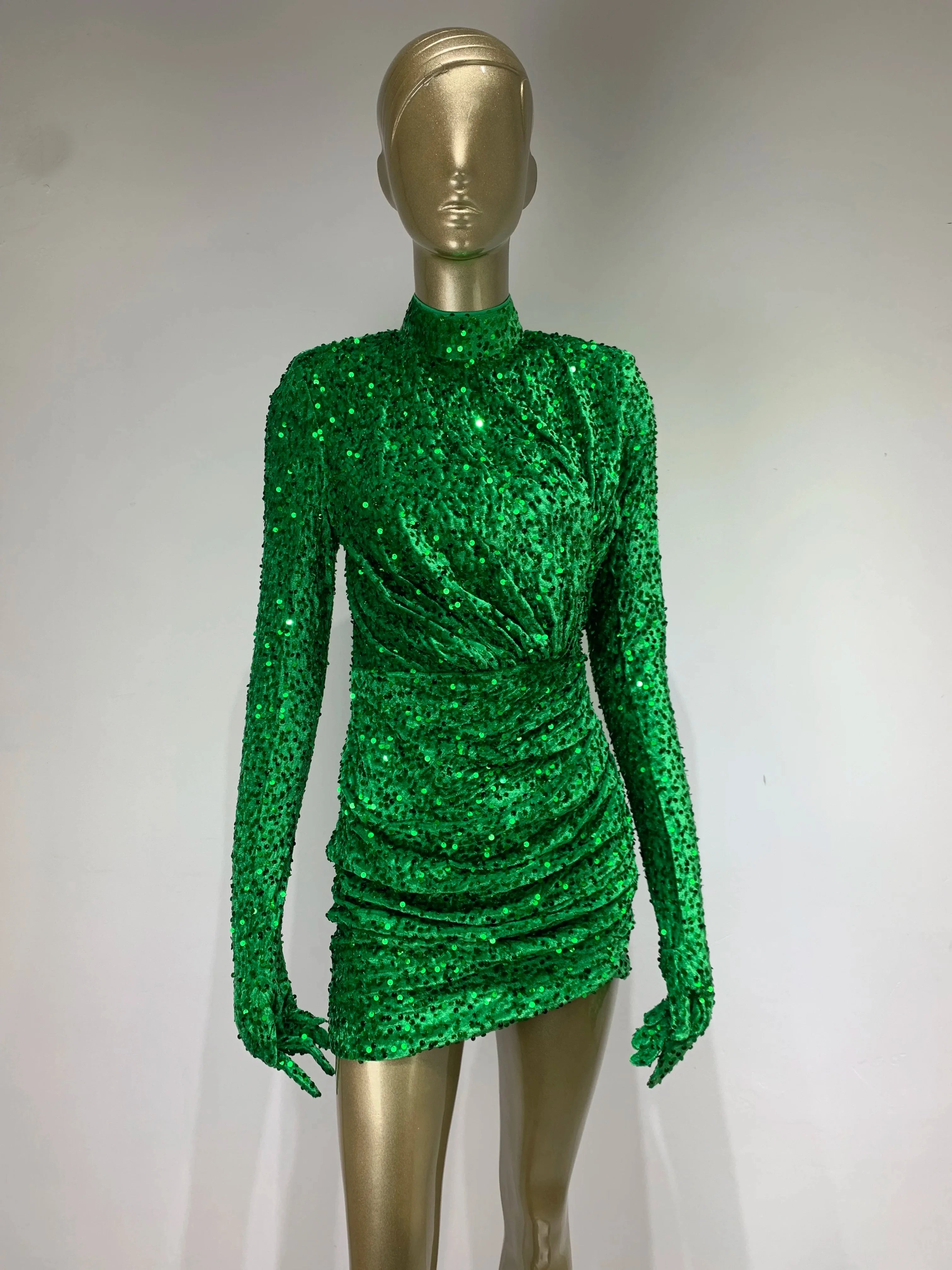 Green Velvet Sequin Turtleneck Party Mini Dress