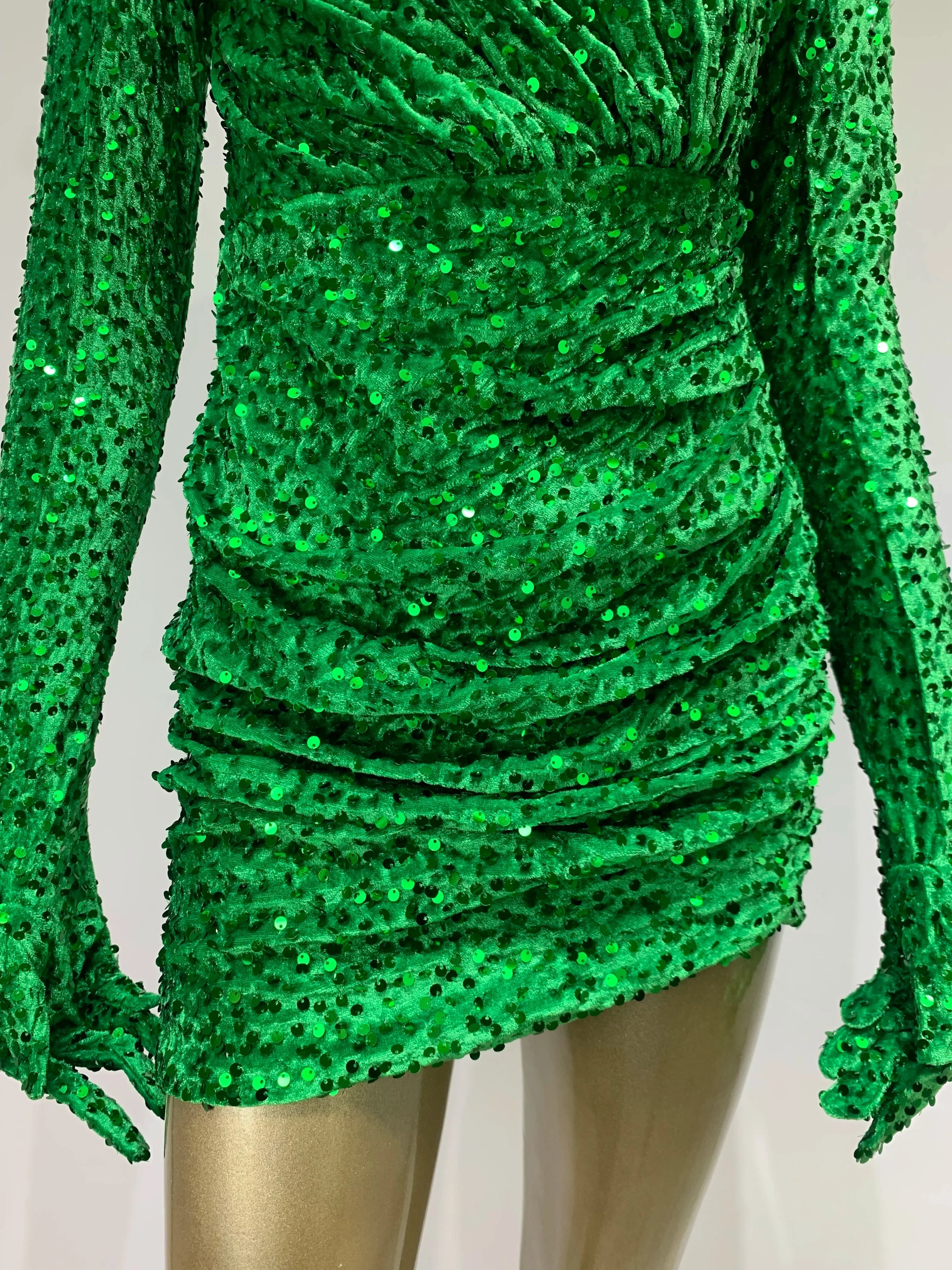 Green Velvet Sequin Turtleneck Party Mini Dress