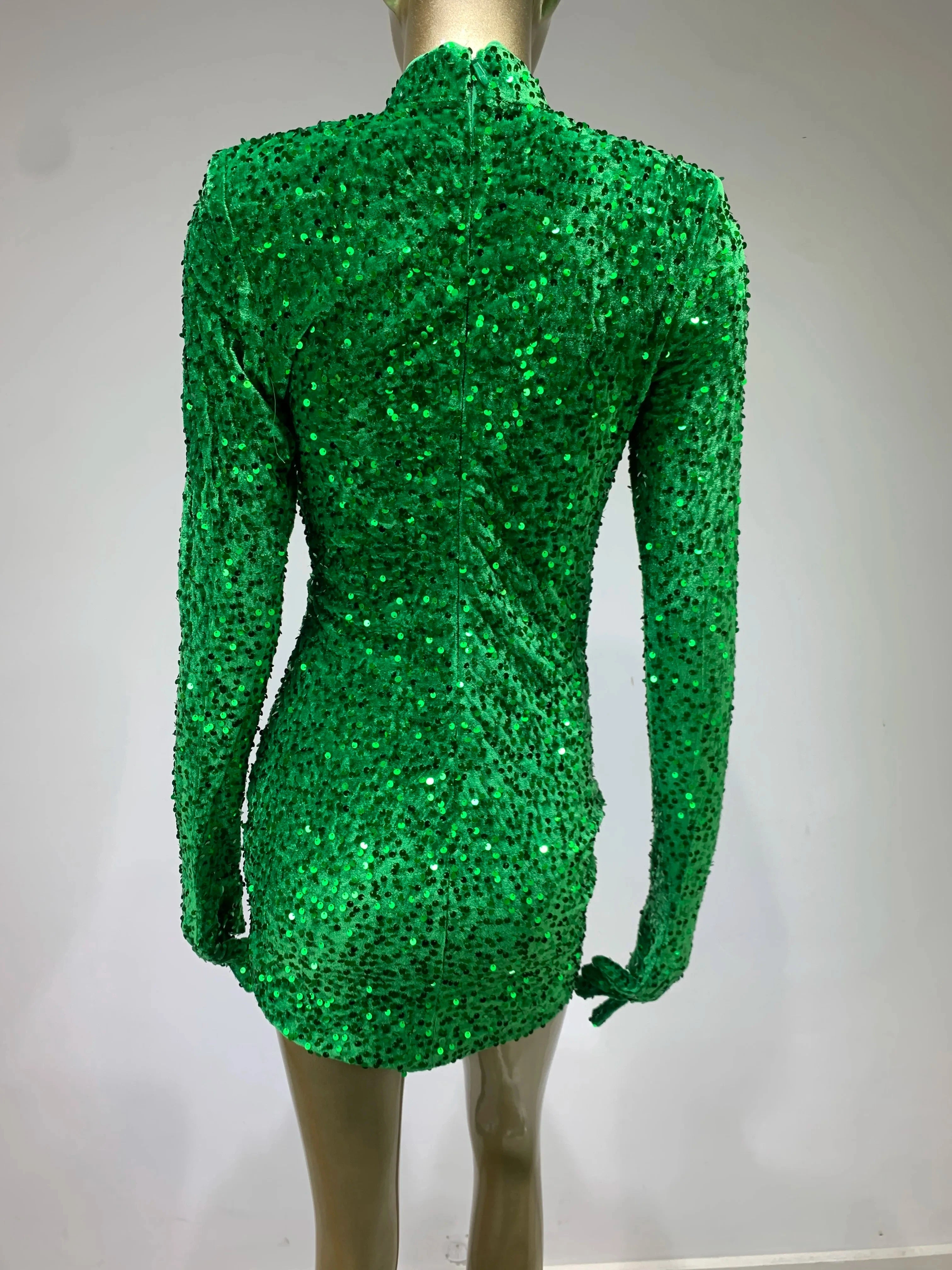 Green Velvet Sequin Bodycon Turtleneck Party Dress