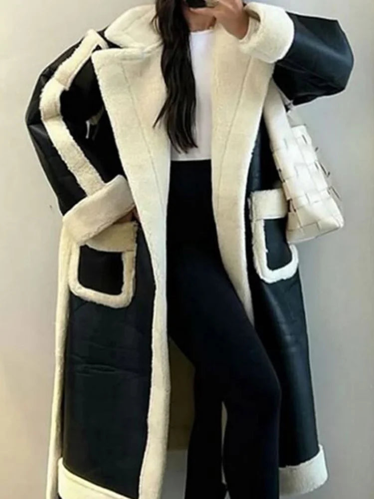 Lapel Contrast Leather Relaxed Coat