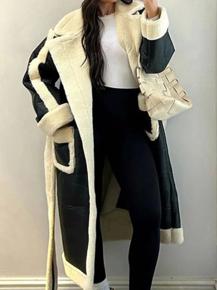 Lapel Contrast Leather Relaxed Coat