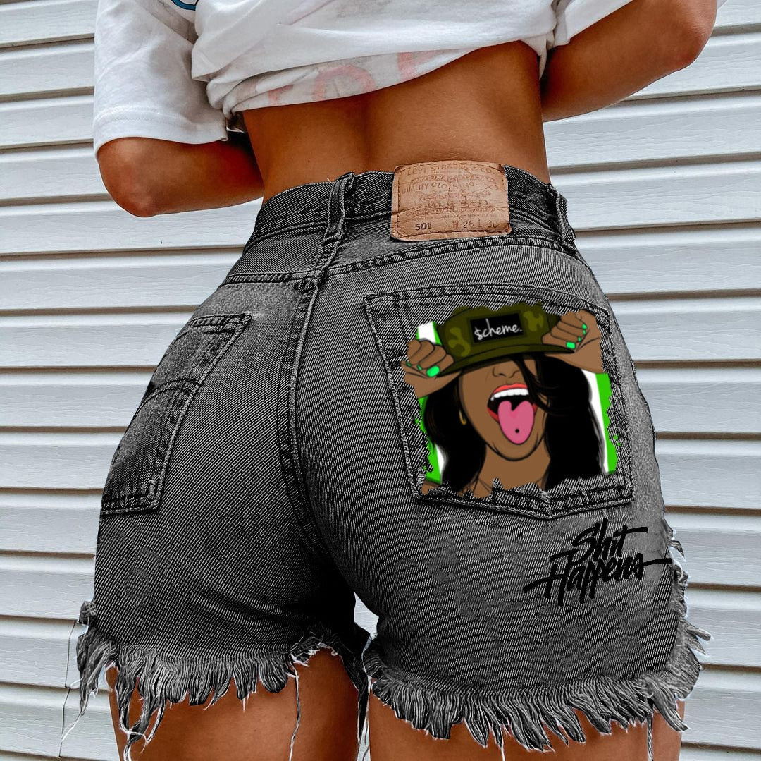 Printed Denim Playful Street Girl Short