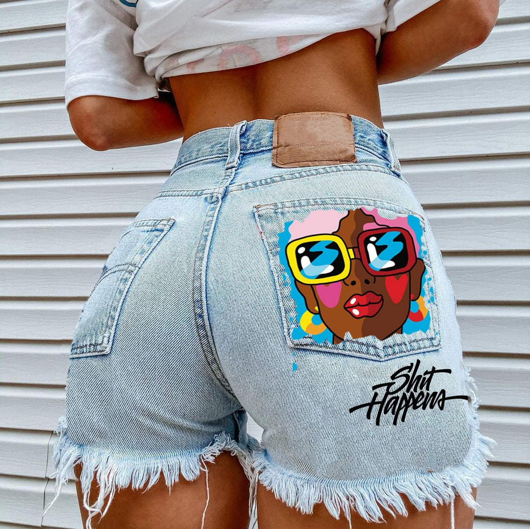 Printed Denim Playful Street Girl Short