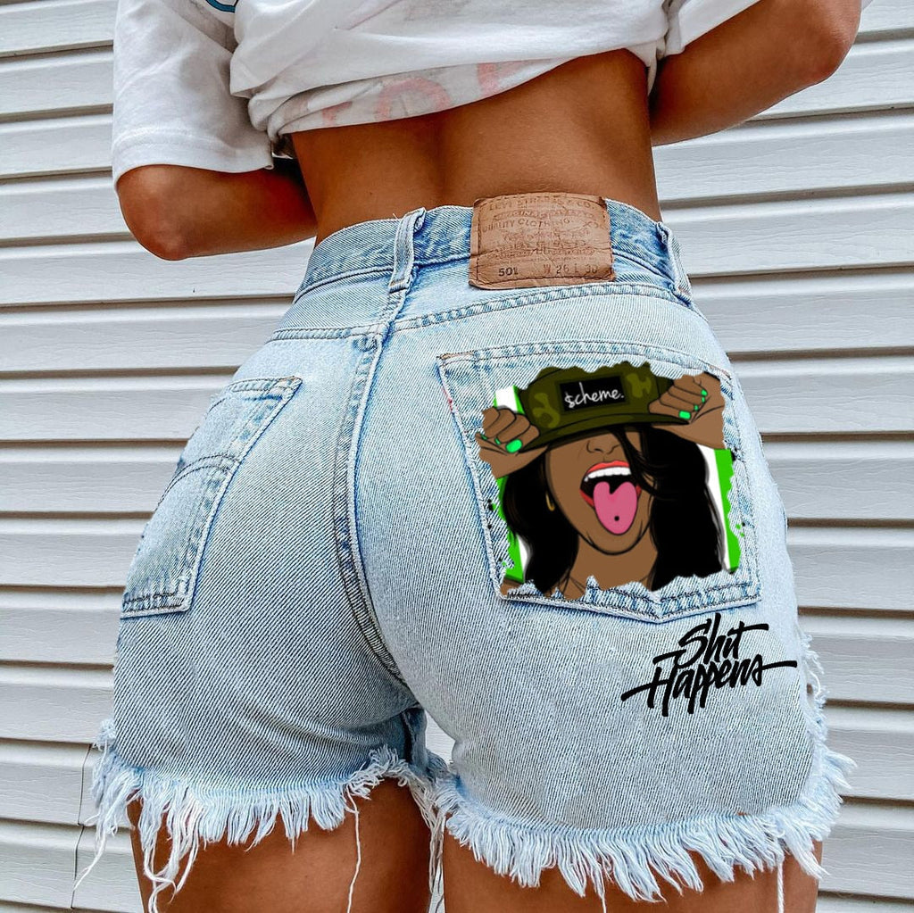Printed Denim Playful Street Girl Short