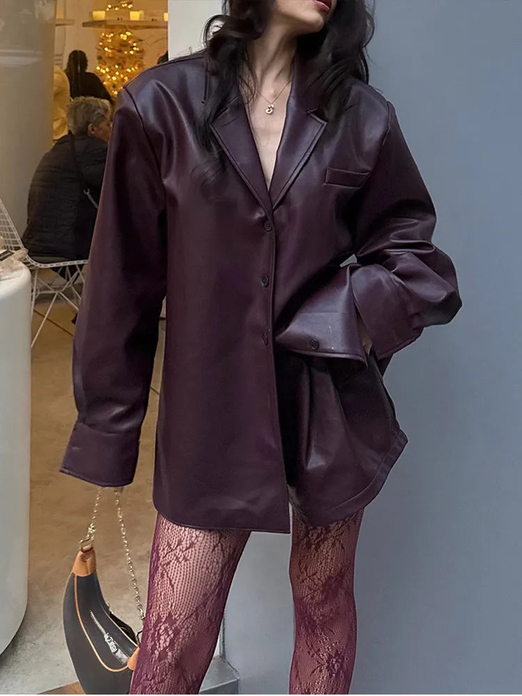 Wine Red Single Button PU Coat