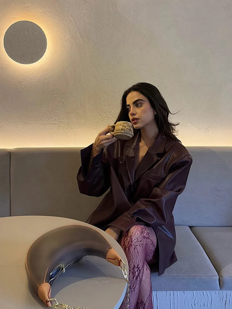 Wine Red Single Button PU Coat