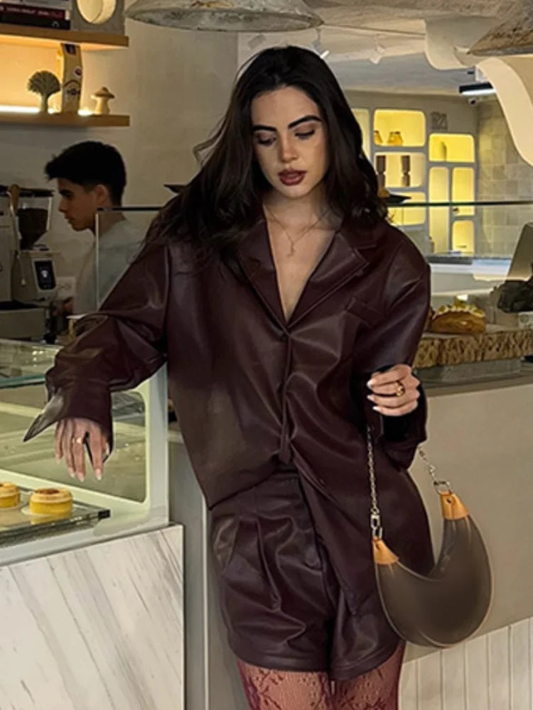 Wine Red Single Button PU Coat