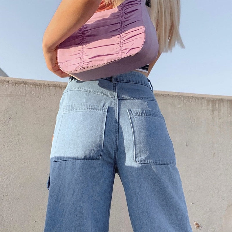 Washed High Waist Big Pocket Wide Leg Jean