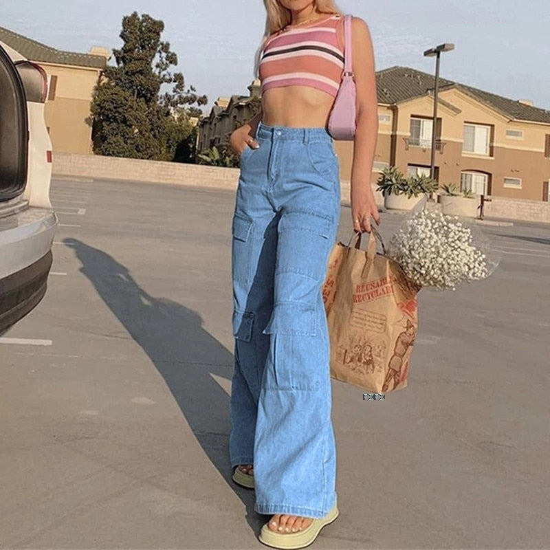 Washed High Waist Big Pocket Wide Leg Jean