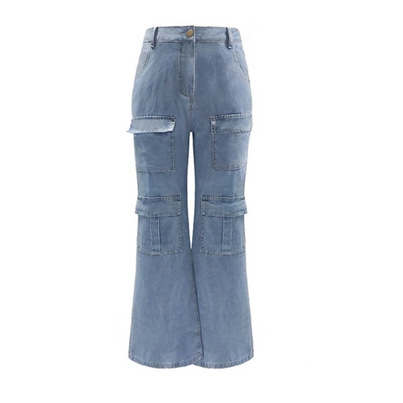 Washed High Waist Big Pocket Wide Leg Jean