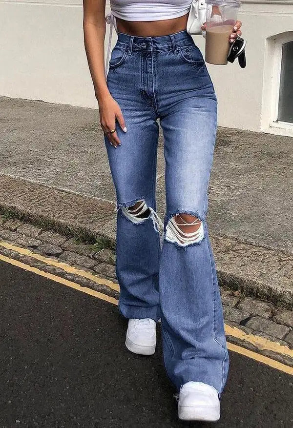 Retro Flared Knee Ripped Stretch Jean