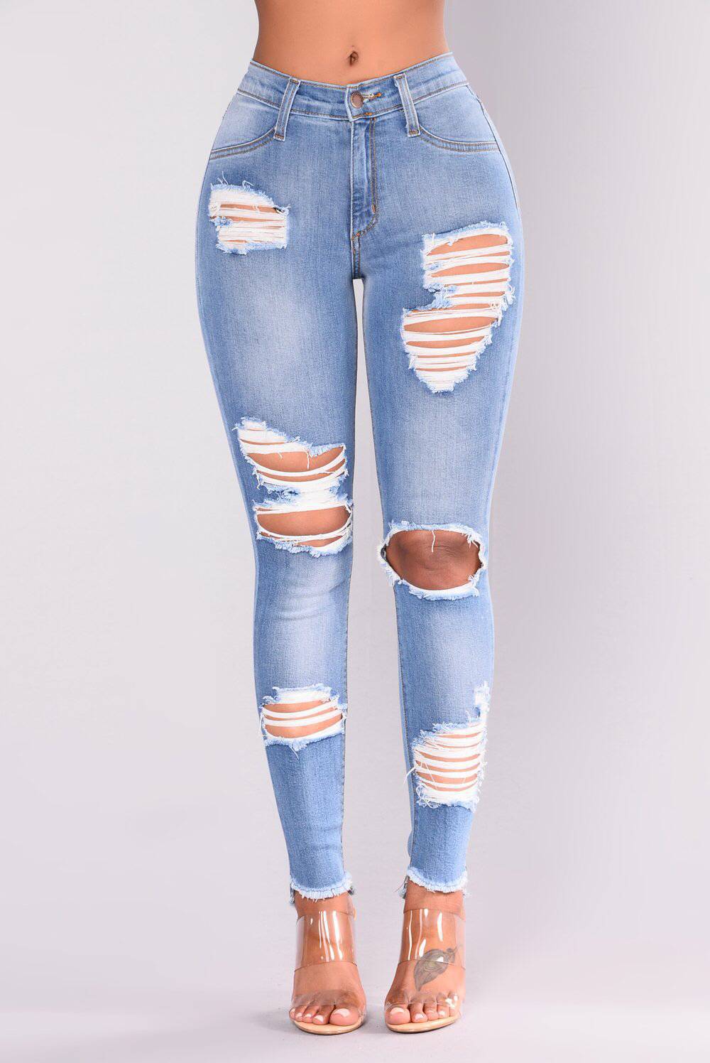 Stretch Cotton High Waist Hole Slim Jean