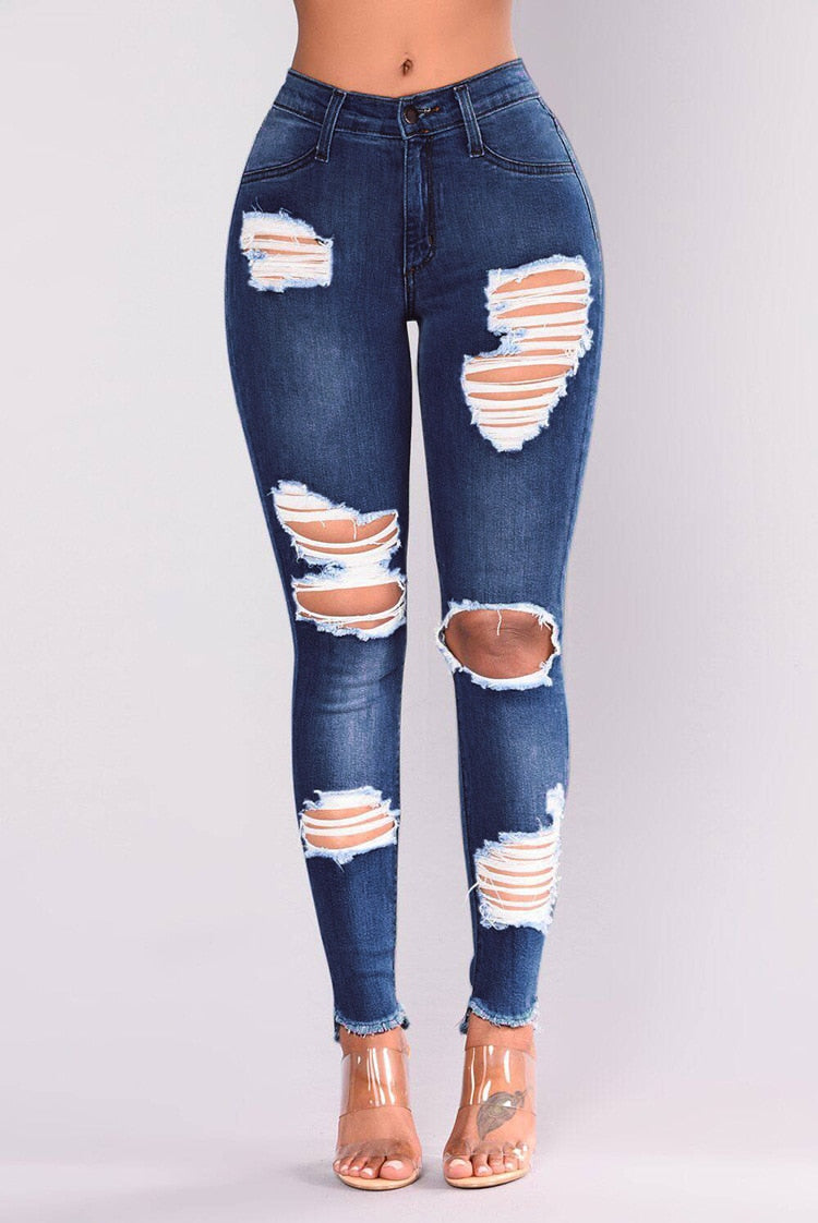 Stretch Cotton High Waist Hole Slim Jean