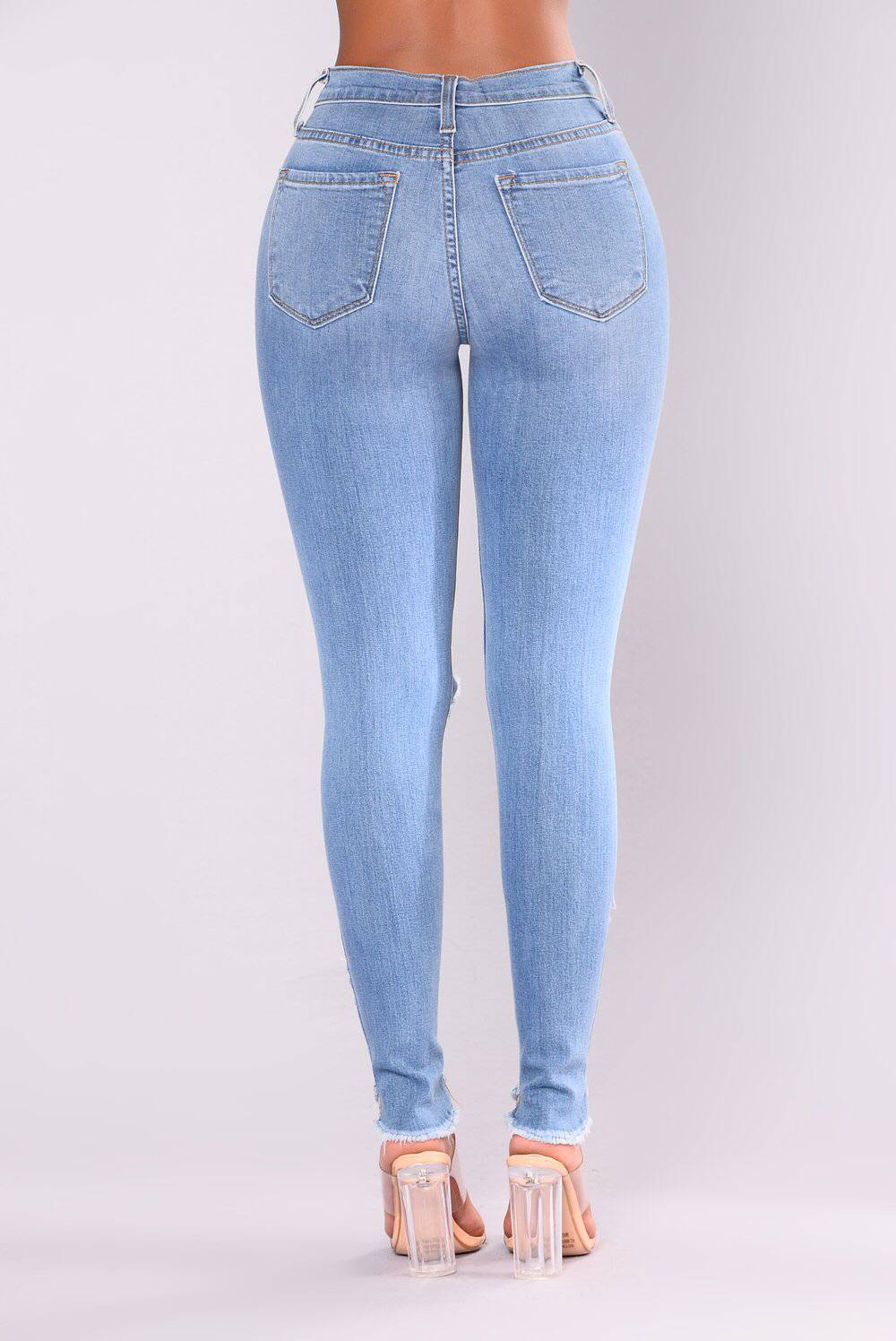 Stretch Cotton High Waist Hole Slim Jean