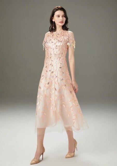 Embroidery Beaded Layered Mid-Calf Party Dress