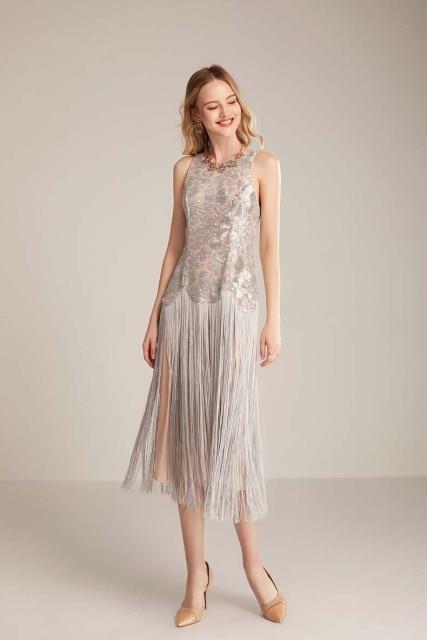 Sleeveless Tassel Sequin Chic Mid Calf Party Dress