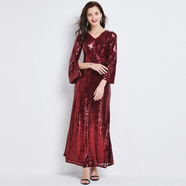 V Neck Sequin Long Sleeve Elegant Party Dress