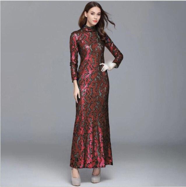 Long Sleeves Sequined Elegant Party Maxi Dress