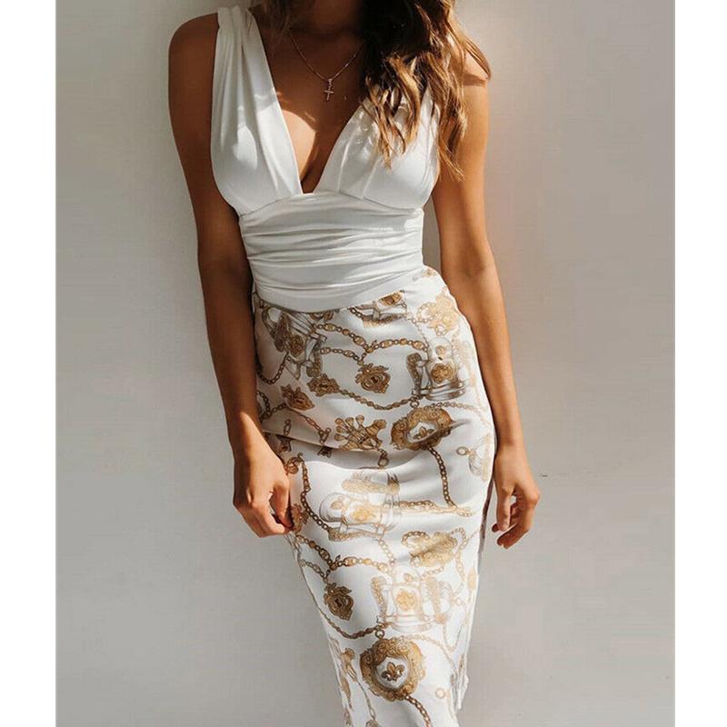 Deep V Floral Ruched Bodycon Midi Dress